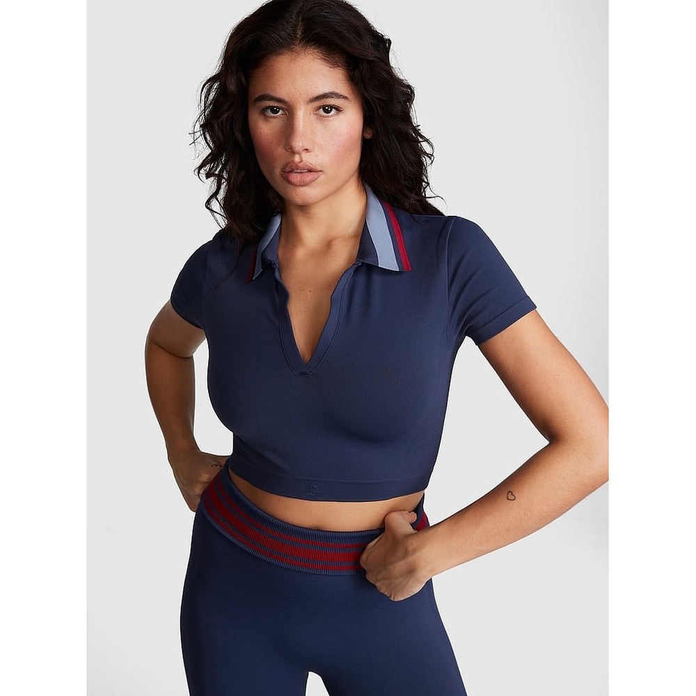 PINK Victoria's Secret Sport Cropped Polo Shirt Navy Blue XL Athleisure NWT